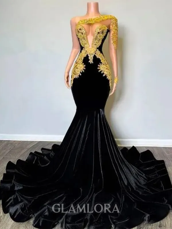 Magnificent Mermaid One-Shoulder Appliques Lace Floor-Length Velvet Prom Dress