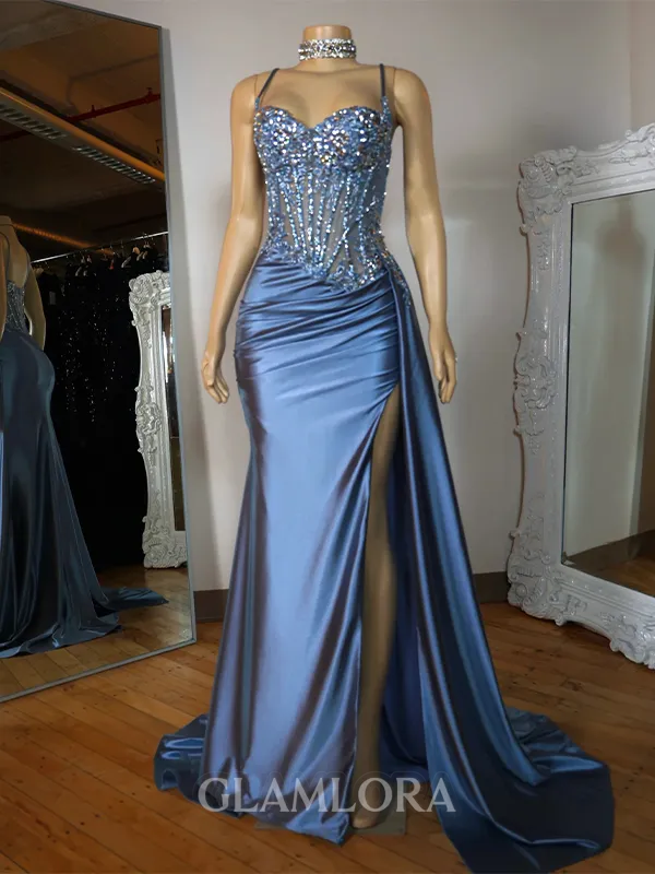 Fashion Sheath Spaghetti Straps Appliques Lace Sweep Train Silk Like Satin Corset Evening Dress