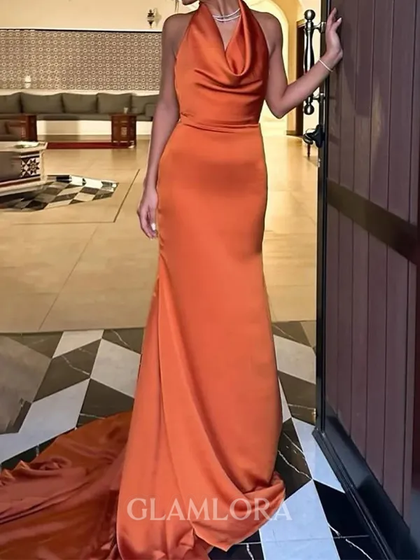 Charming Sheath Halter Pleated Chapel Train Charmeuse Evening Dress