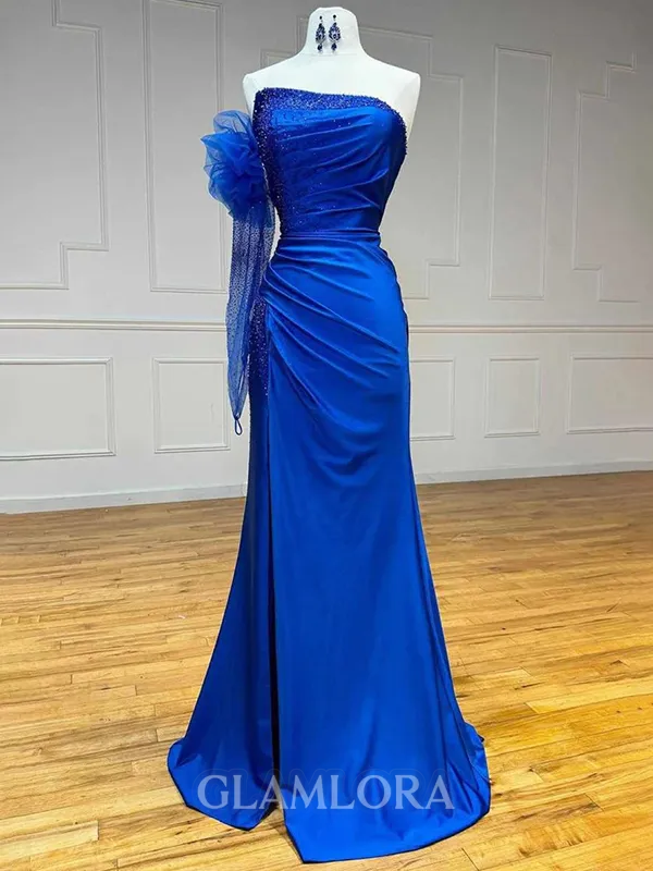 Hot Sheath One-Shoulder Long Sleeves Pleated Sweep Train Jersey Evening Dress