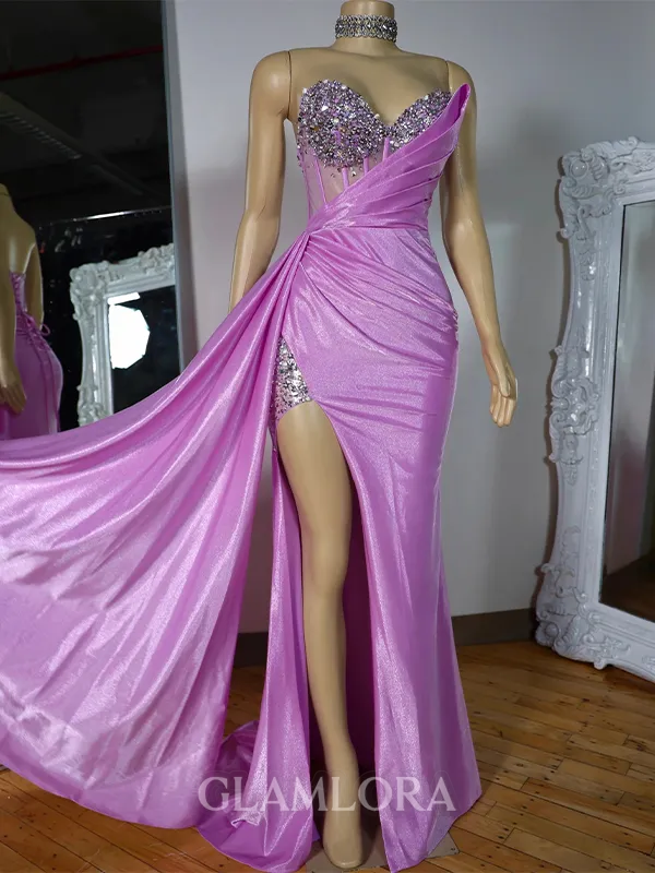 Delicate Sheath Sweetheart Rhinestone Sweep Train Corset Evening Dress