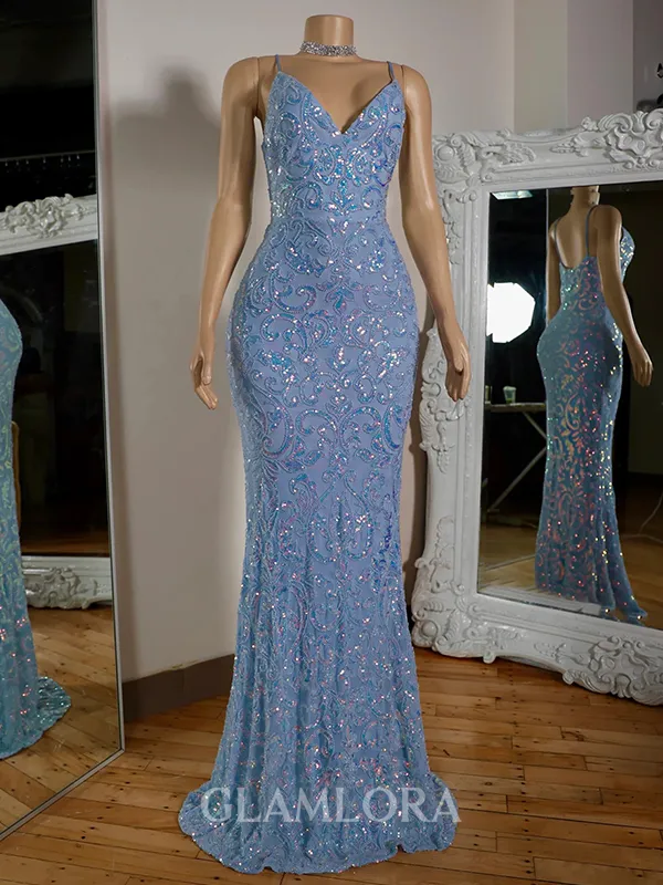 Glamorous Sheath V-Neck Sequin Sweep Train Lace Evening Dress