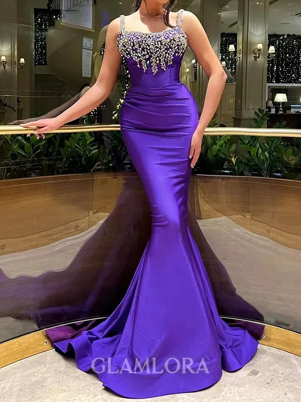 Gorgeous Sheath Straps Rhinestone Sweep Train Stretch Crepe Evening Dress