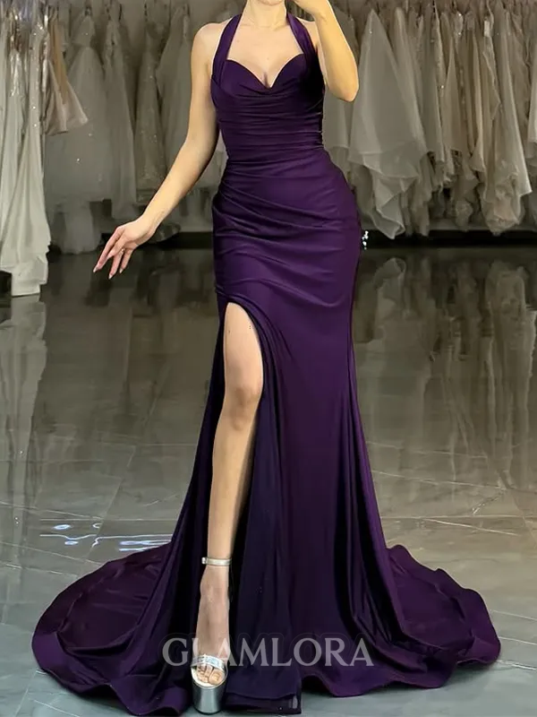 Captivating Sheath Halter Pleated Court Train Jersey Evening Dress