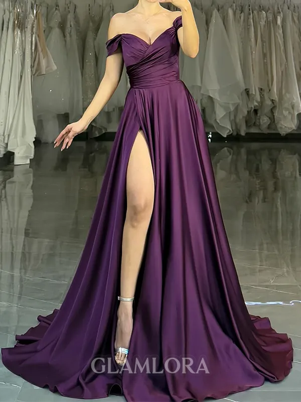 Striking A-line Off-the-Shoulder Pleated Sweep Train Silk Like Satin Evening Dress