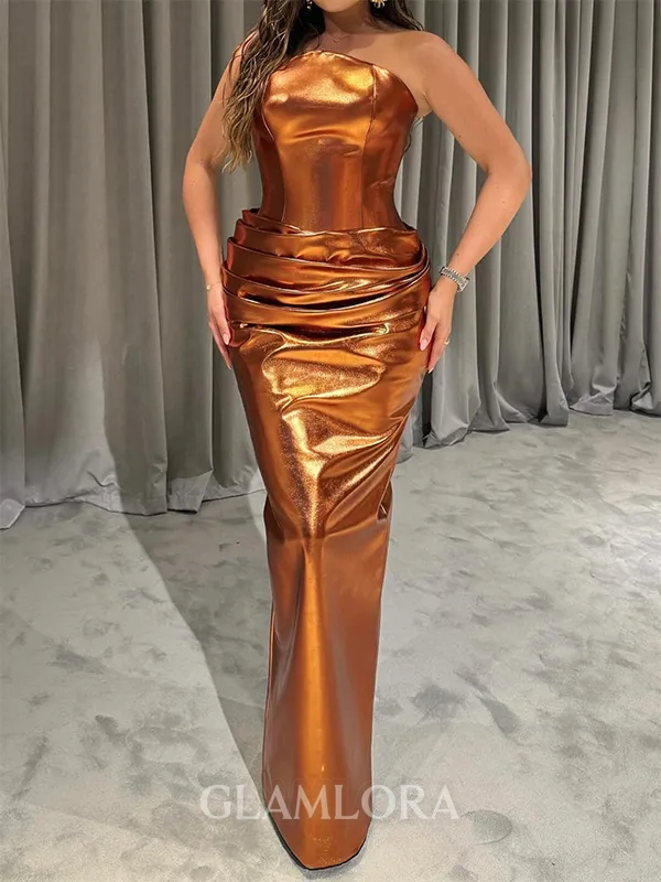 Pretty Sheath Straight Pleated Floor-Length Metallic Satin Evening Dress