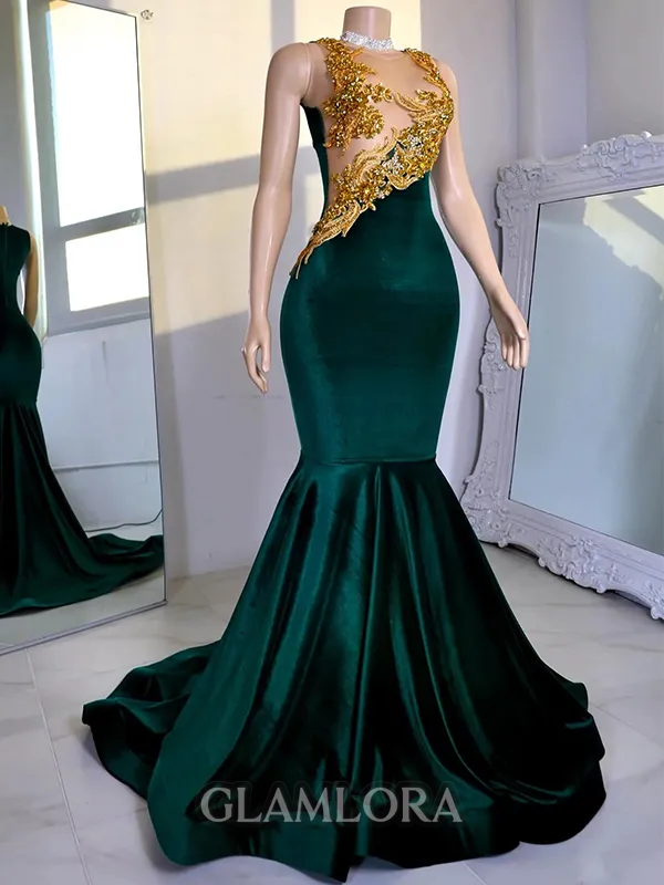 Breathtaking Mermaid Illusion Beading Sweep Train Velvet Evening Dress