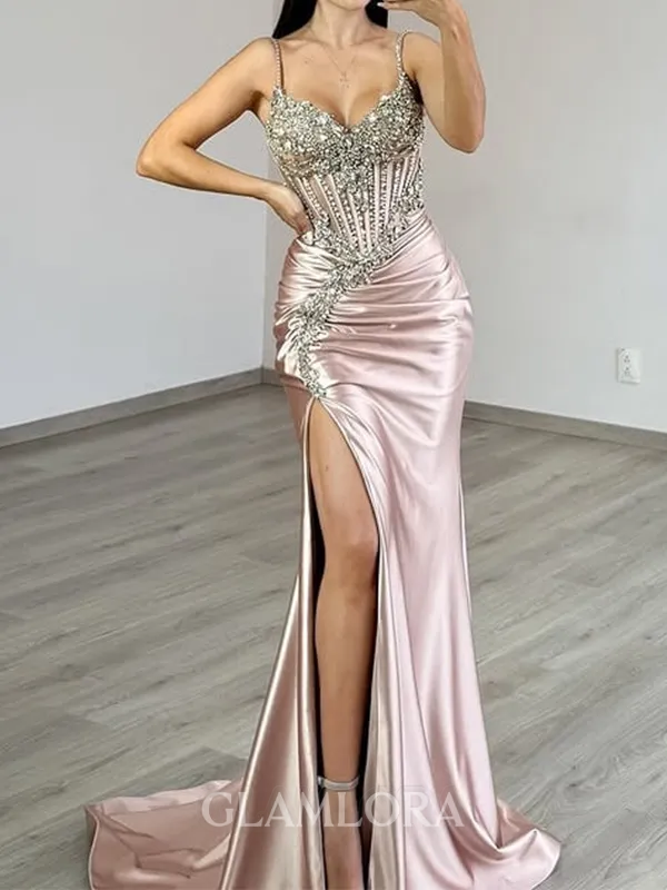 Gorgeous Sheath V-Neck Rhinestone Sweep Train Silk Like Satin Corset Evening Dress