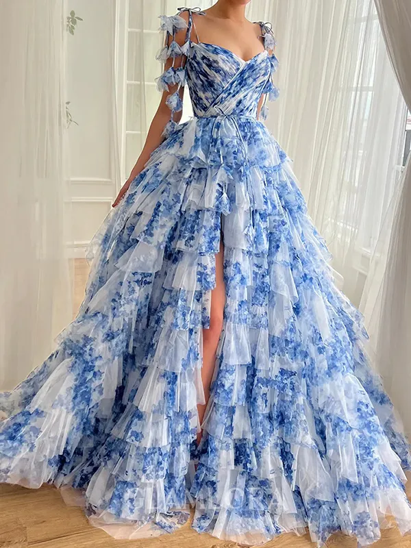 Luxurious A-line V-Neck Cascading Ruffles Floor-Length Evening Dress