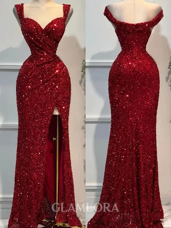 Mesmerizing Sheath Sweetheart Ruffles Floor-Length Velvet Sequins Evening Dress