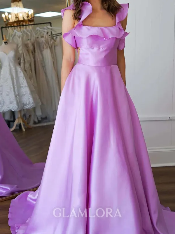 Striking A-line Square Ruffles Sweep Train Evening Dress