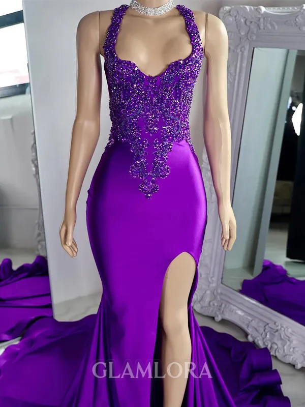 Magnificent Sheath Halter Appliques Lace Chapel Train Silk like Satin Evening Dress