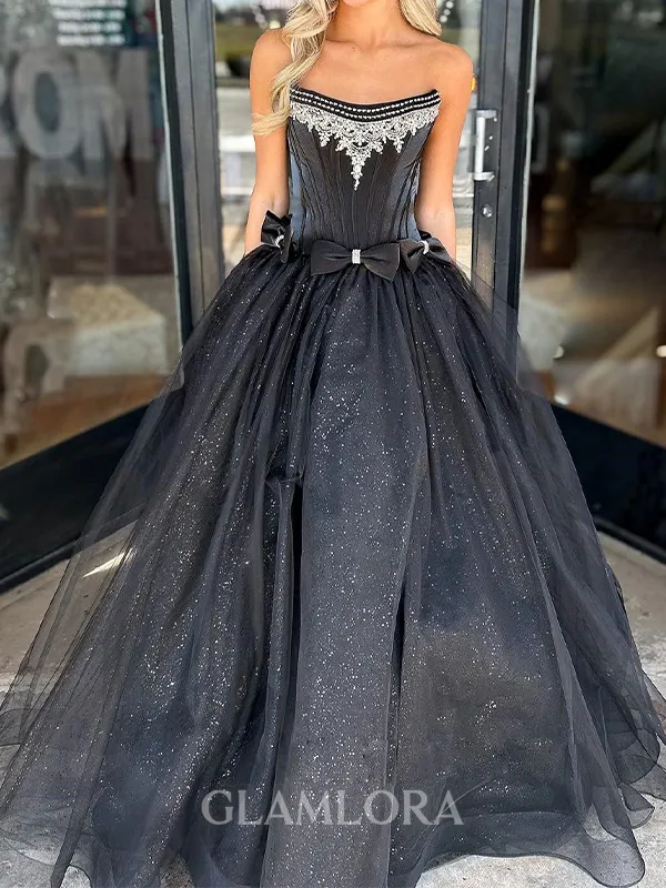 Stunning A-line Straight Bow Floor-Length Tulle Corset Evening Dress