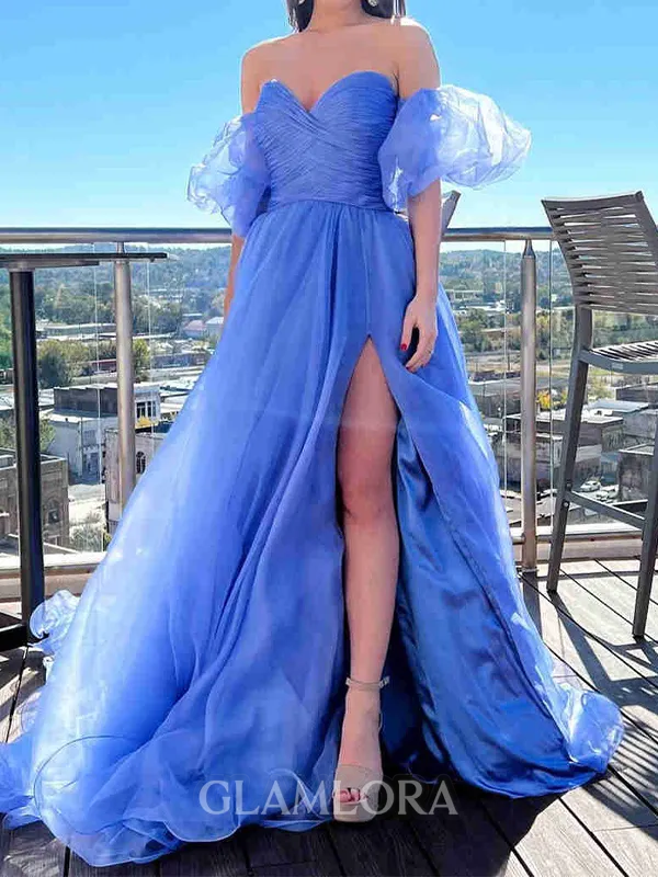 Fashion A-line Sweetheart Ruffles Chapel Train Organza Evening Dress