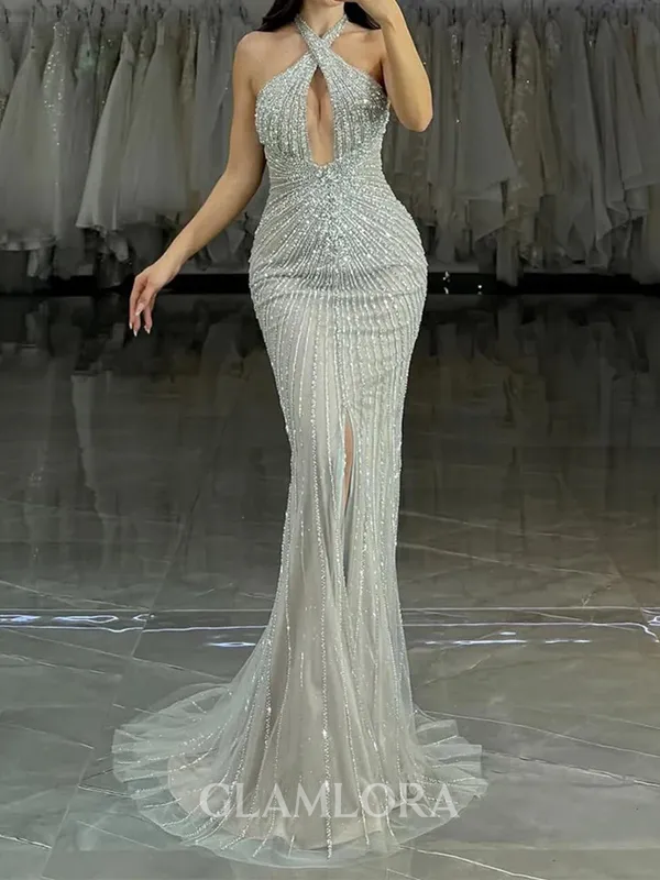 Hot Sheath Halter Ruffles Sweep Train Tulle Evening Dress