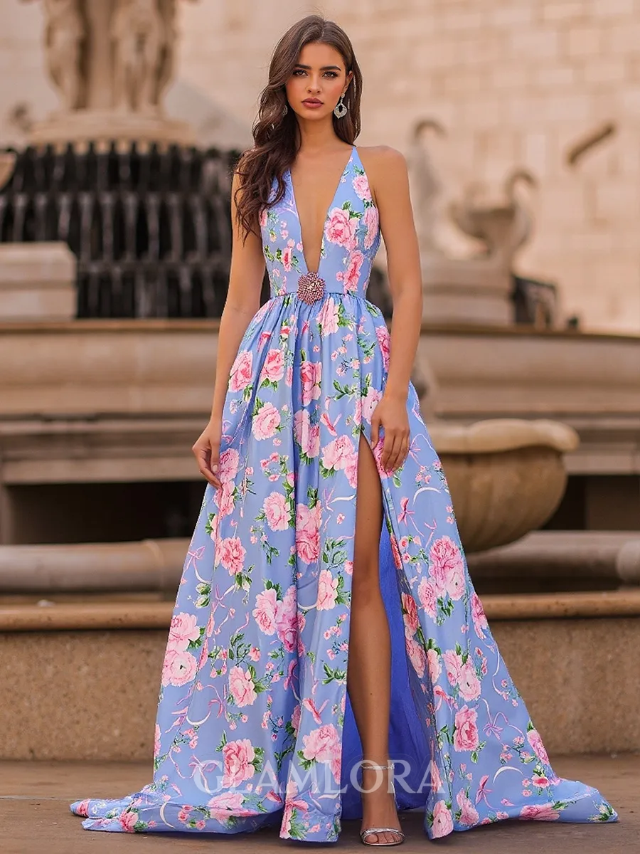 Elegant A-Line Halter Rhinestone Court Train Prom Dress