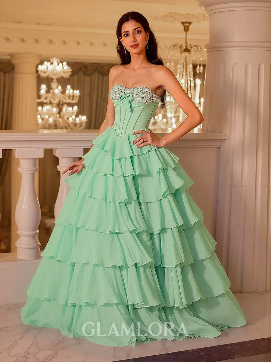 Stunning A-Line Straight Cascading Ruffles Sweep Train Chiffon Corset Prom Dress