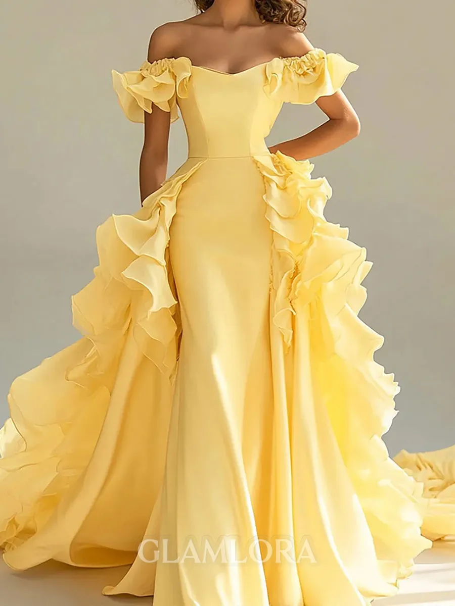 Delicate Sheath Off-The-Shoulder Ruffles Court Train Stretch Crepe Corset Prom Dress