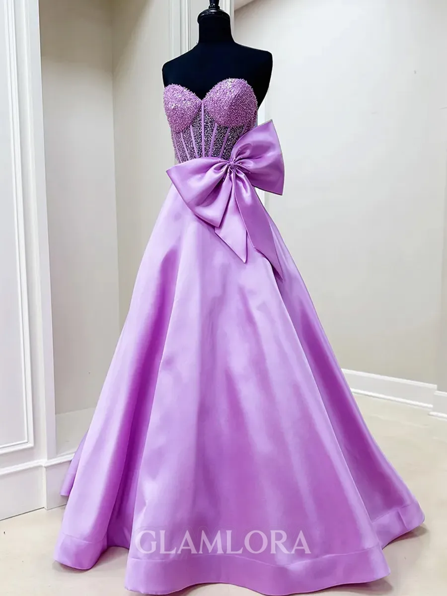 Splendid A-Line Sweetheart Bow Floor-Length Satin Corset Prom Dress