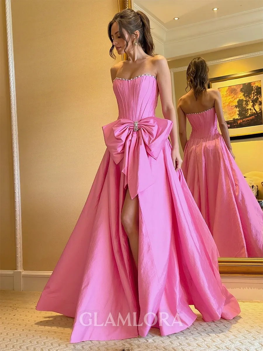 Unique A-Line Straight Bow Floor-Length Taffeta Corset Prom Dress