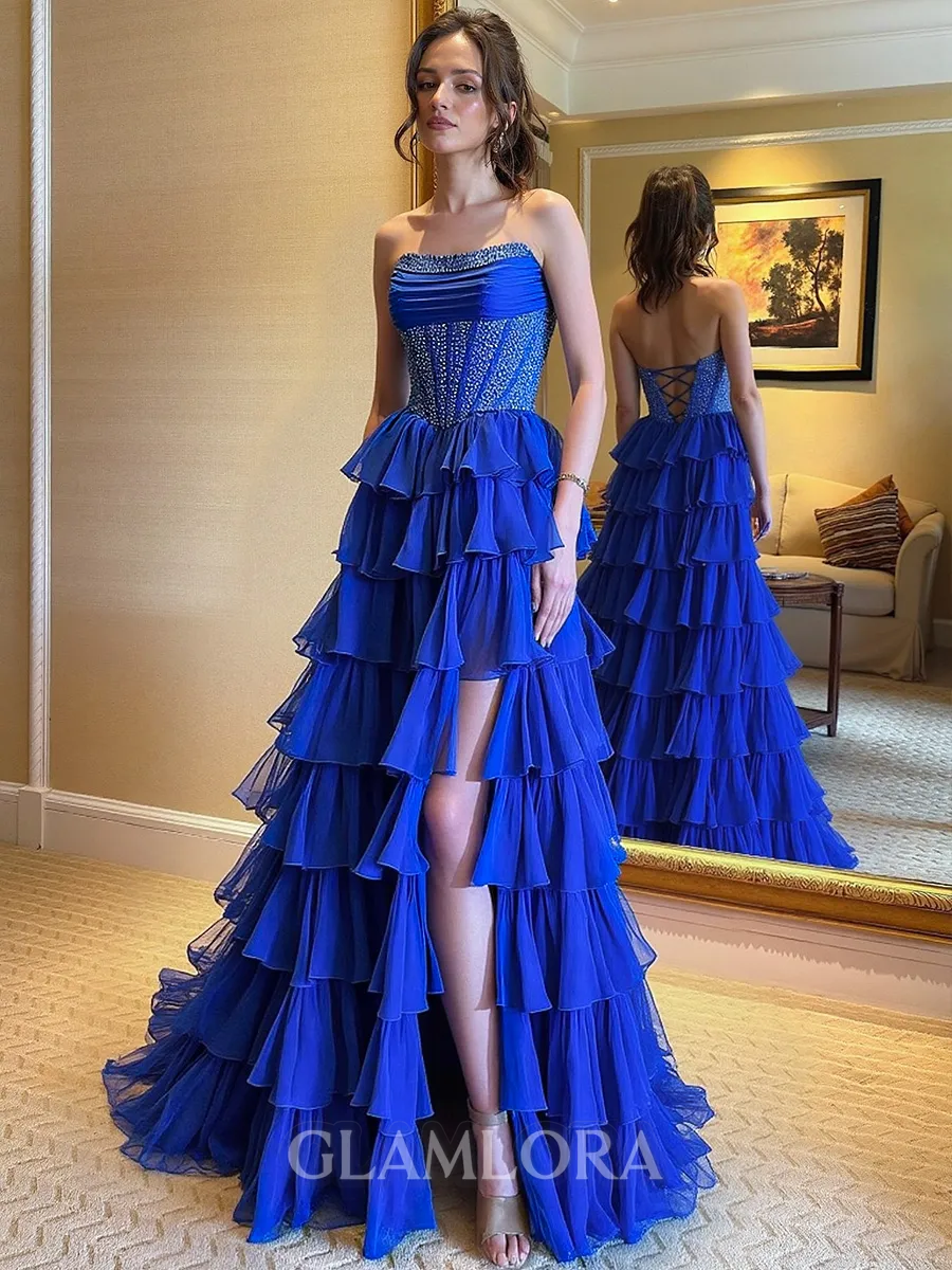 Unforgettable A-Line Straight Cascading Ruffles Sweep Train Tulle Corset Prom Dress