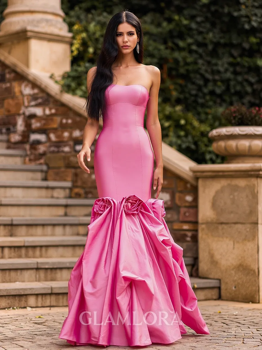 Unique Mermaid Straight Flower Floor-Length Satin Corset Prom Dress