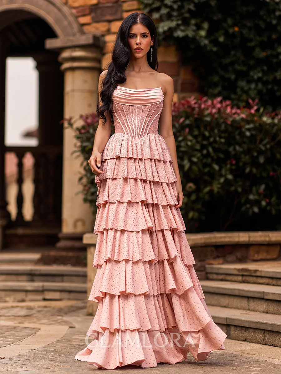 Stunning A-Line Straight Cascading Ruffles Sweep Train Corset Prom Dress