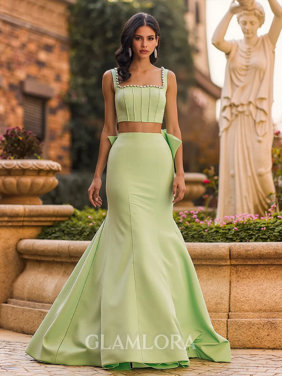 Splendiferous Mermaid Square Bow Sweep Train Stretch Crepe Corset Prom Dress