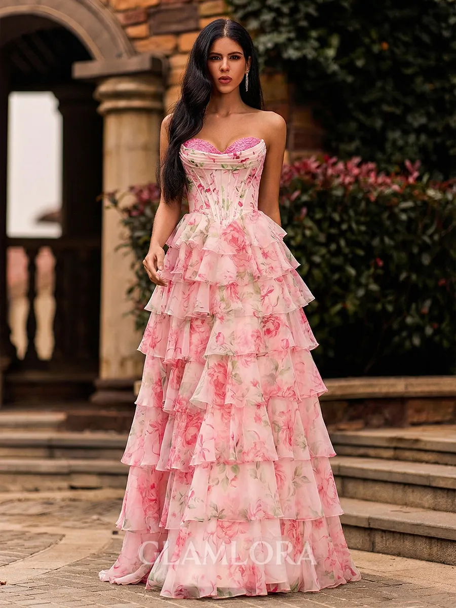 Glam A-Line Sweetheart Cascading Ruffles Sweep Train Corset Prom Dress