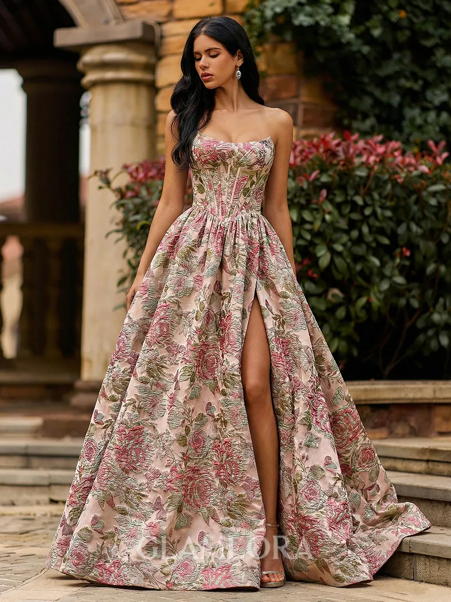 Unique A-Line Straight Pleated Sweep Train Corset Prom Dress