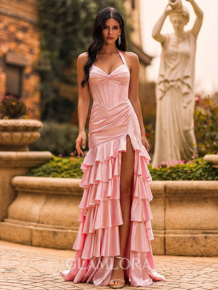 Pretty A-Line Halter Cascading Ruffles Sweep Train Satin Corset Prom Dress