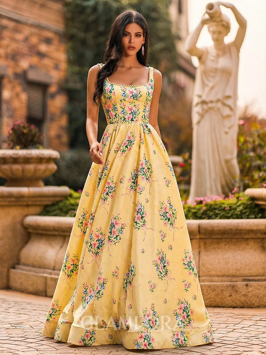 Splendid A-Line Square Beading Sweep Train Corset Prom Dress