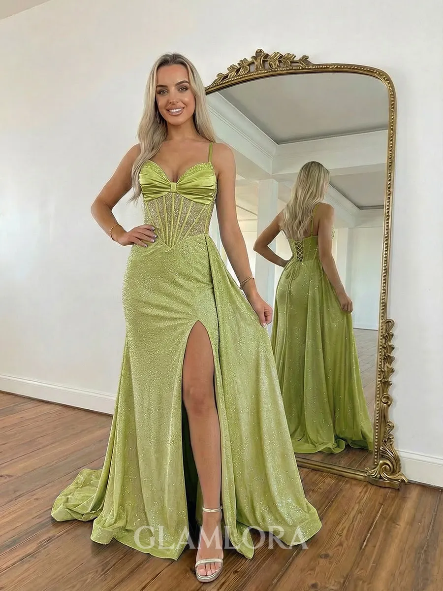 Show-stopping Sheath Spaghetti Straps Pleated Sweep Train Sequins Corset Prom Dress