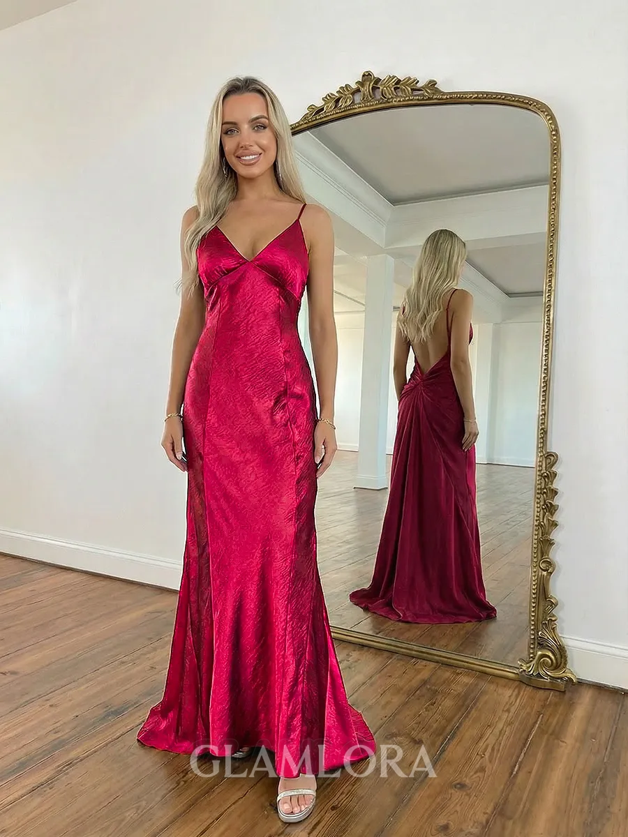 Unique Sheath Spaghetti Straps Sweep Train Silk Like Satin Prom Dress