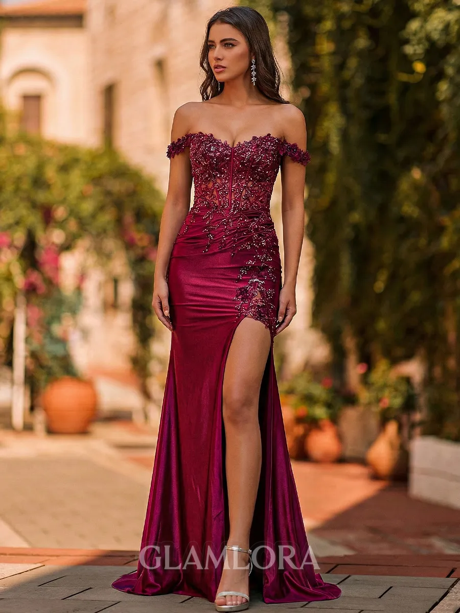 Glamorous Sheath Off-The-Shoulder Appliques Lace Sweep Train Silk Like Satin Corset Prom Dress