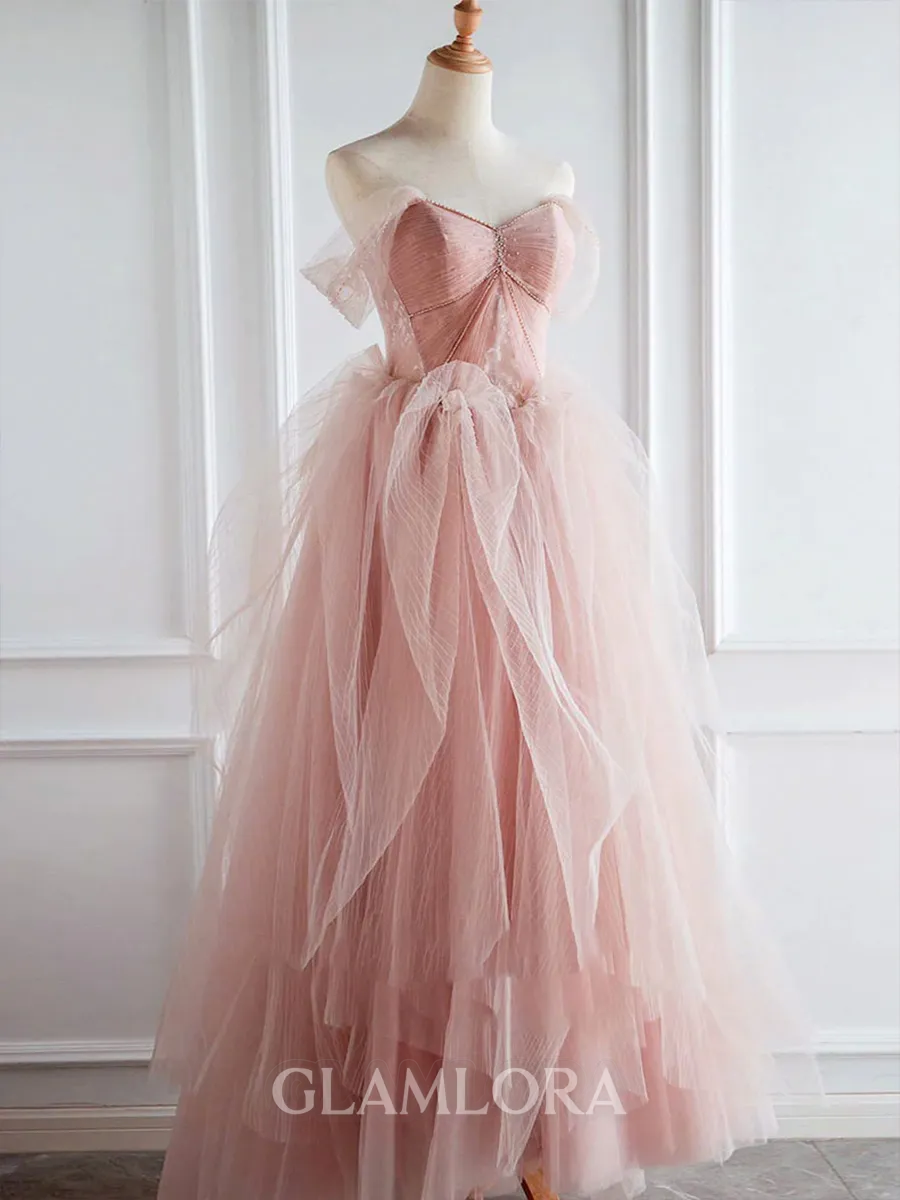 Delicate Ball-Gown Off-The-Shoulder Ruffles Floor-Length Tulle Corset Prom Dress