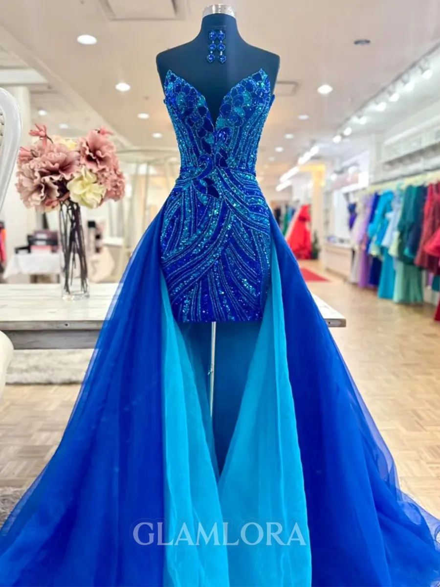 Fashion-forward Sheath V-Neck Sequin Sweep Train Tulle Corset Prom Dress