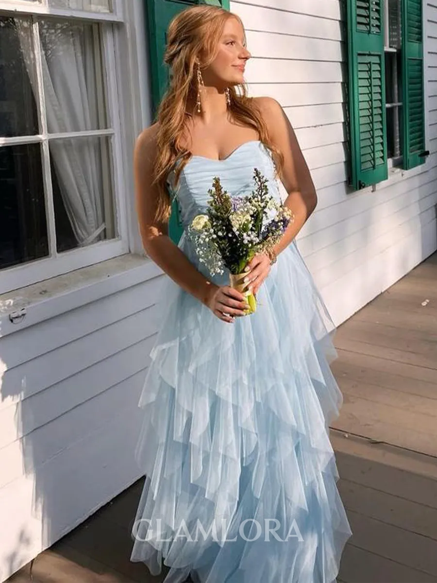 Elegant A-Line Sweetheart Ruffles Floor-Length Tulle Corset Prom Dress