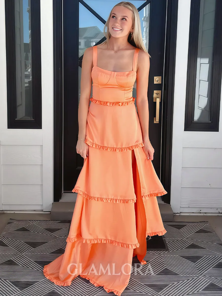 Exquisite A-Line Straps Cascading Ruffles Sweep Train Satin Corset Prom Dress