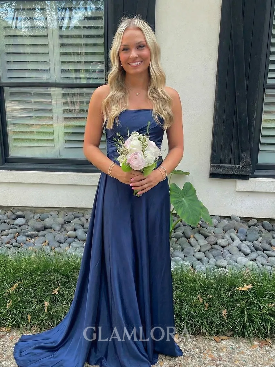 Enchanting A-Line Straight Pleated Sweep Train Silk Like Satin Prom Dress