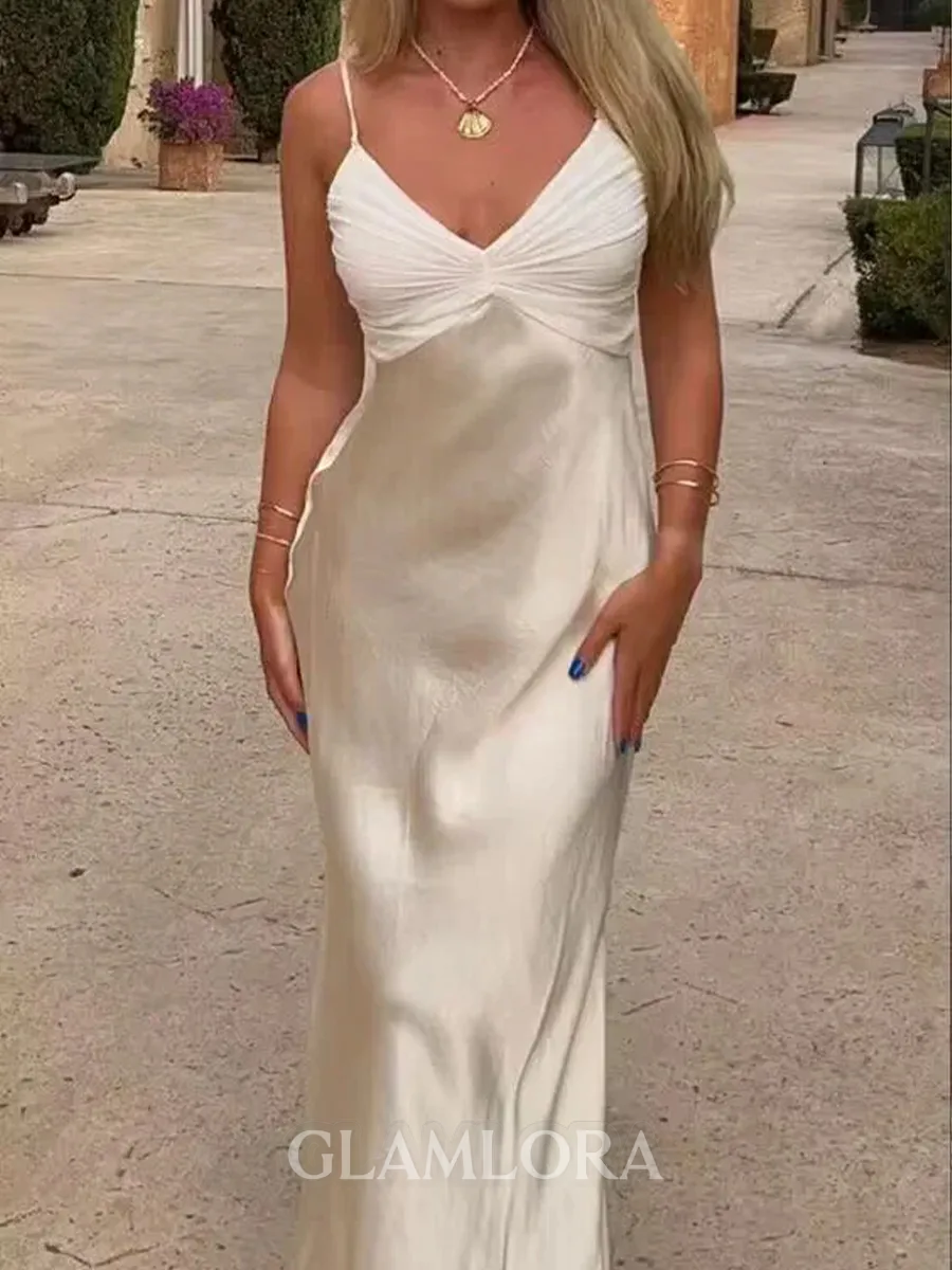 Gorgeous Sheath Spaghetti Straps Pleated Floor-Length Silk Like Satin Prom Dress