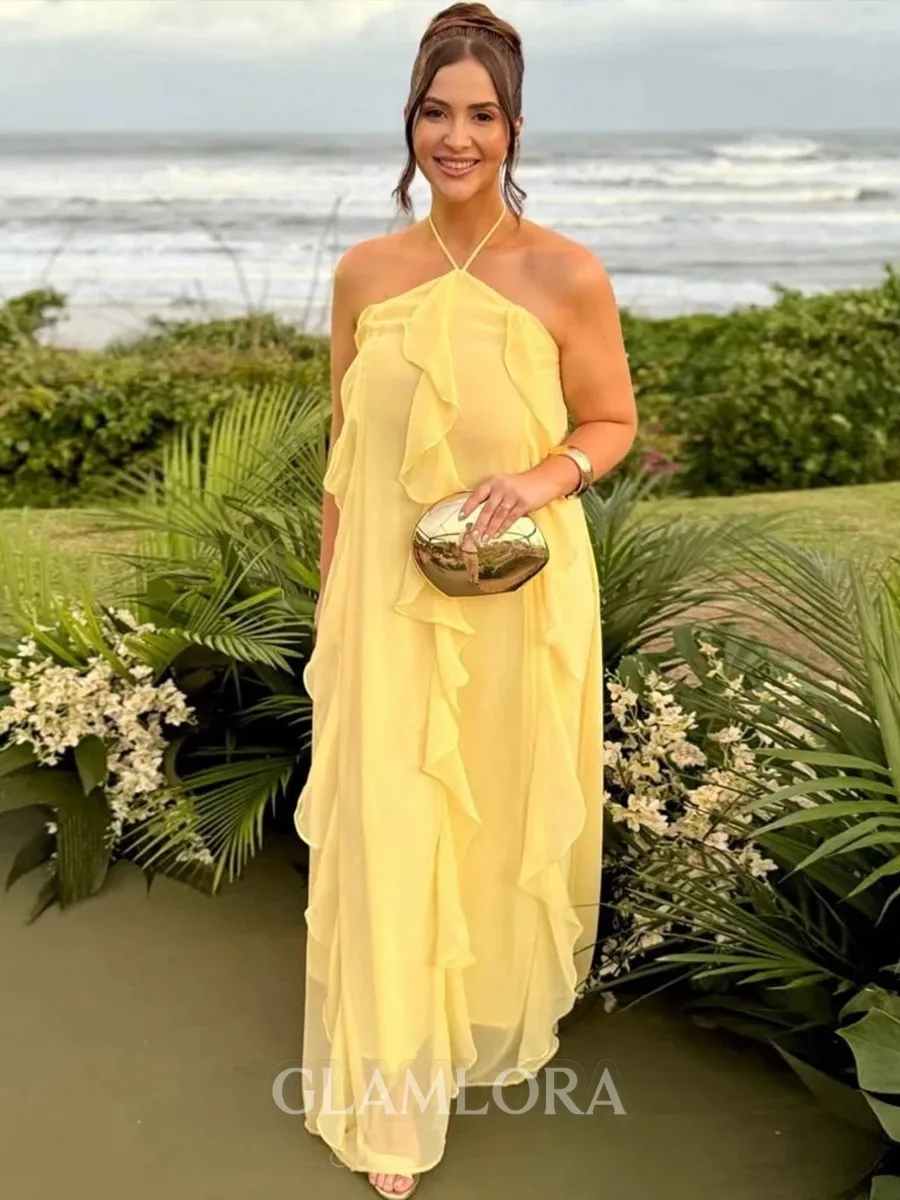 Luxurious A-Line Halter Ruffles Floor-Length Chiffon Prom Dress