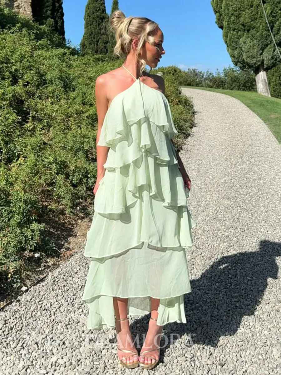 Show-stopping A-Line Halter Cascading Ruffles Asymmetrical Chiffon Prom Dress