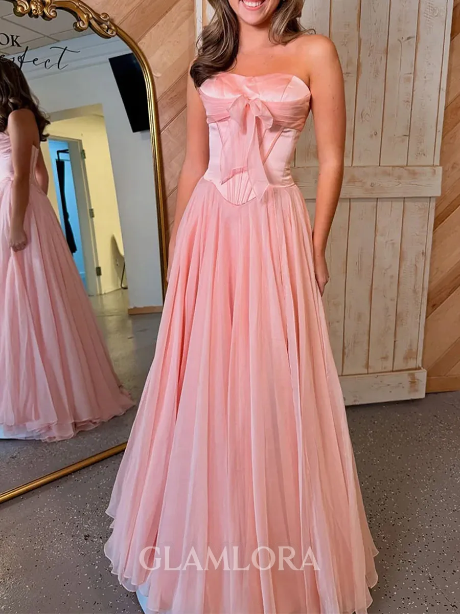 Captivating A-Line Straight Bow Sweep Train Chiffon Corset Prom Dress