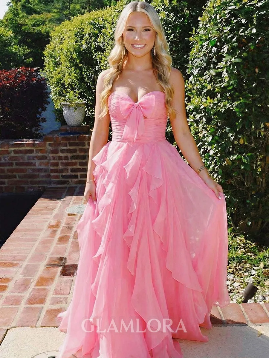 Splendiferous A-Line Sweetheart Bow Sweep Train Chiffon Prom Dress