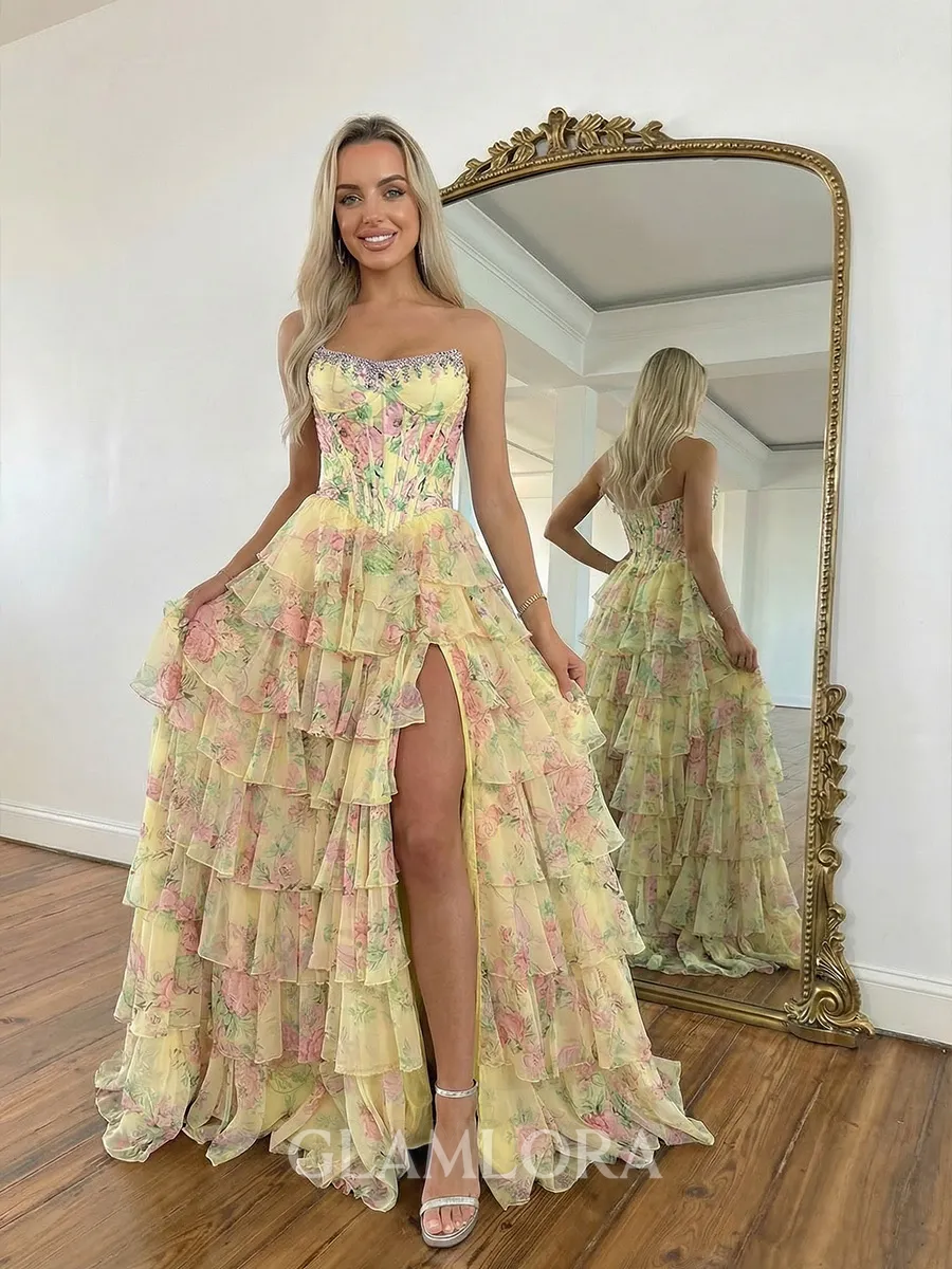 Extravagant A-Line Straight Cascading Ruffles Sweep Train Corset Prom Dress