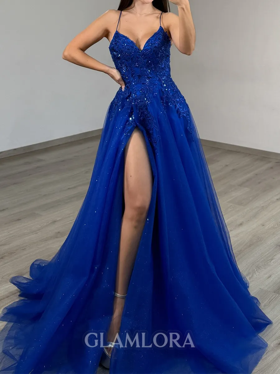 Perfect A-line V-Neck Appliques Lace Sweep Train Tulle Corset Prom Dress