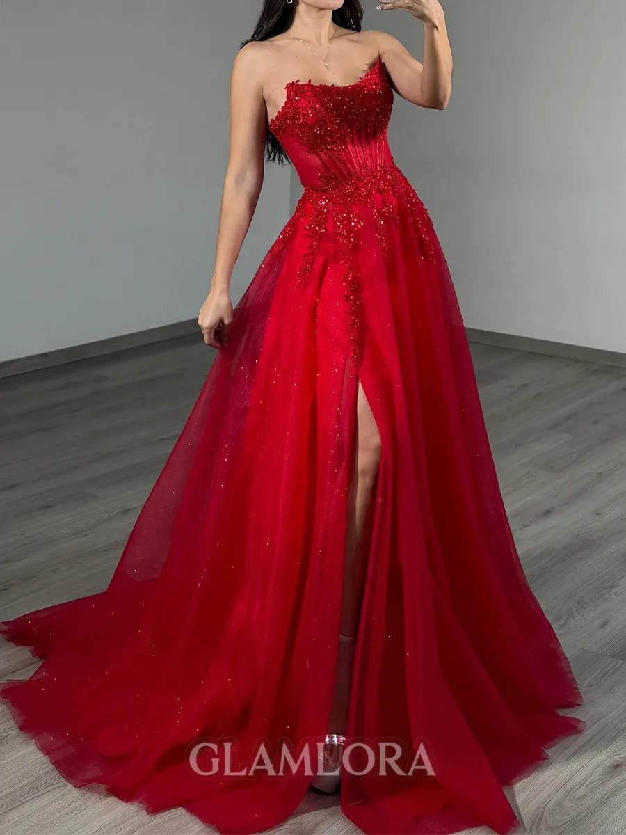 Unique A-line Straight Appliques Lace Sweep Train Tulle Corset Prom Dress