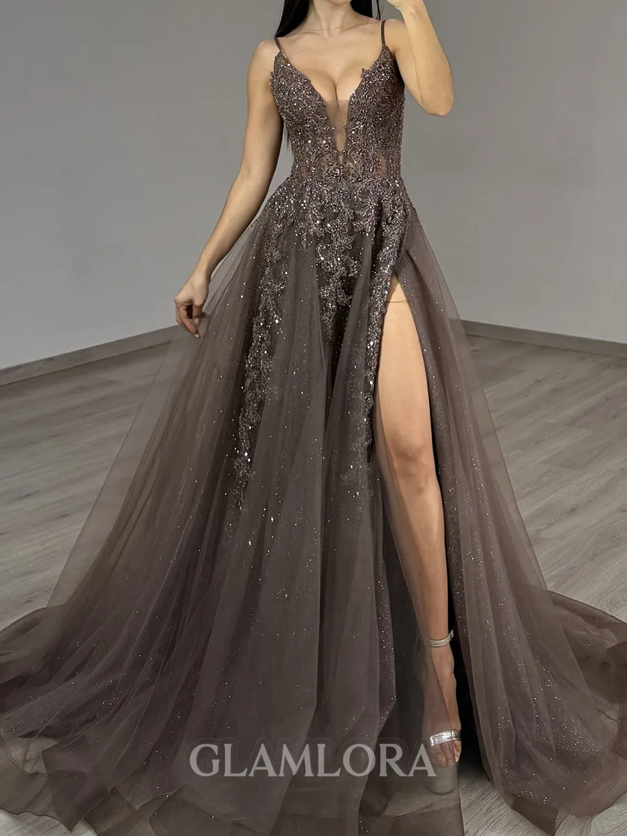 Pretty A-line Spaghetti Straps Appliques Lace Court Train Tulle Prom Dress