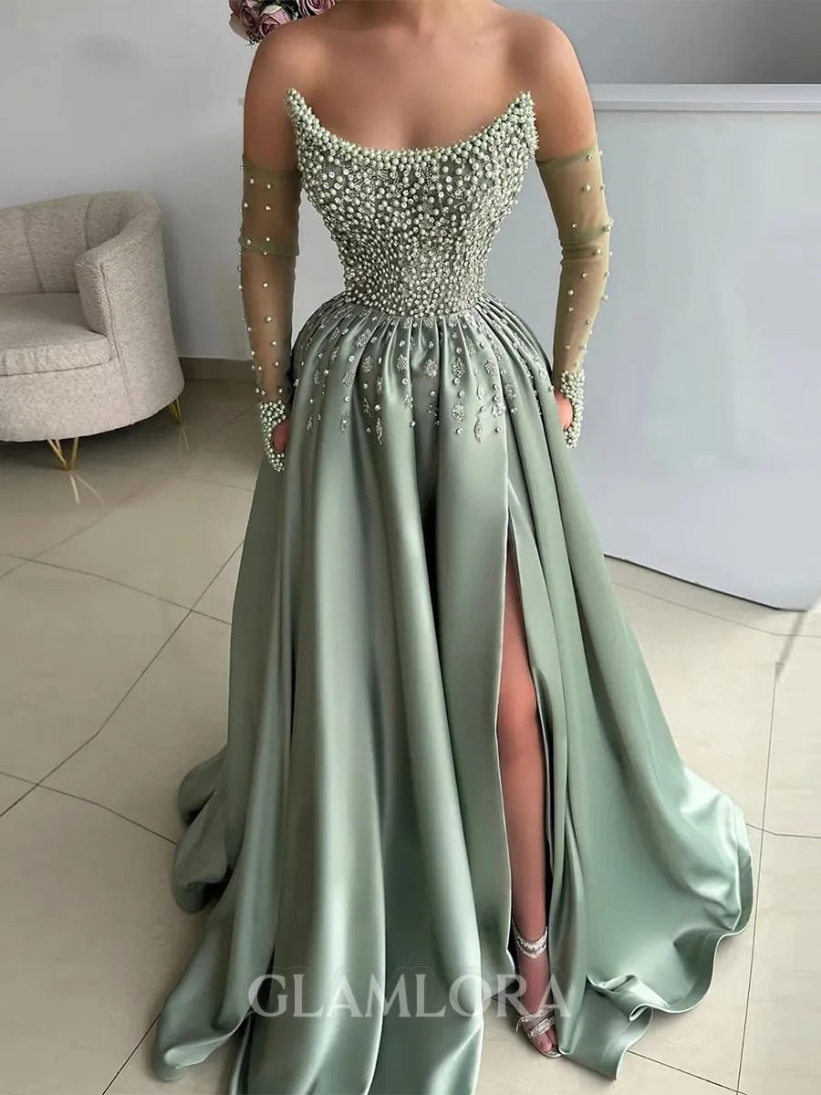 Stunning A-line Straight Long Sleeves Beading Floor-Length Silk Like Satin Corset Prom Dress